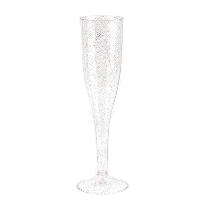 Plastic Champagne Glasses with Rose Gold Glitter, 50-Pack Disposable or Reusable Large Champagne Flutes, 7 oz