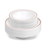 50 Disposable White Rose Gold Rimmed Heavy Duty Plastic Bowls | 25 14 oz. Soup Bowls and 25 6 oz. Dessert/Appetizer Bowls | Premium Combo Disposable Dinnerware Set | Great for Parties
