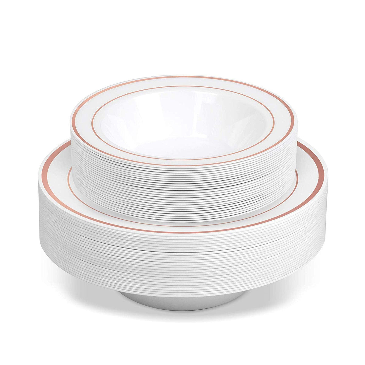 50 Disposable White Rose Gold Rimmed Heavy Duty Plastic Bowls | 25 14 oz. Soup Bowls and 25 6 oz. Dessert/Appetizer Bowls | Premium Combo Disposable Dinnerware Set | Great for Parties