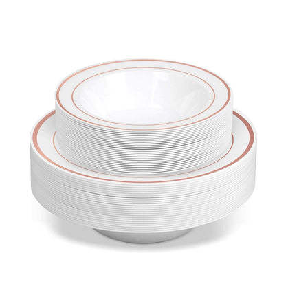 50 Disposable White Rose Gold Rimmed Heavy Duty Plastic Bowls | 25 14 oz. Soup Bowls and 25 6 oz. Dessert/Appetizer Bowls | Premium Combo Disposable Dinnerware Set | Great for Parties