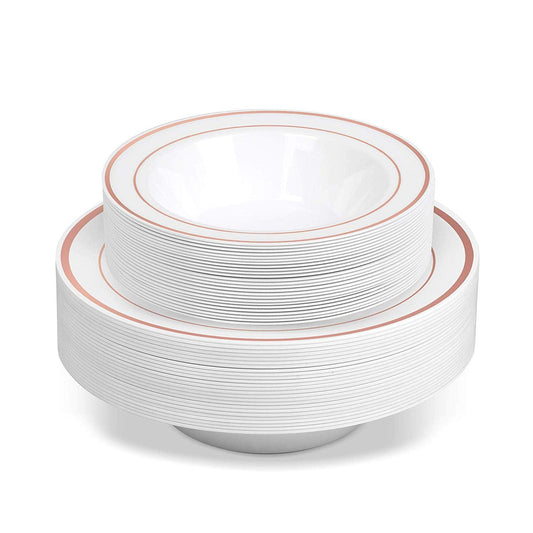 50 Disposable White Rose Gold Rimmed Heavy Duty Plastic Bowls | 25 14 oz. Soup Bowls and 25 6 oz. Dessert/Appetizer Bowls | Premium Combo Disposable Dinnerware Set | Great for Parties