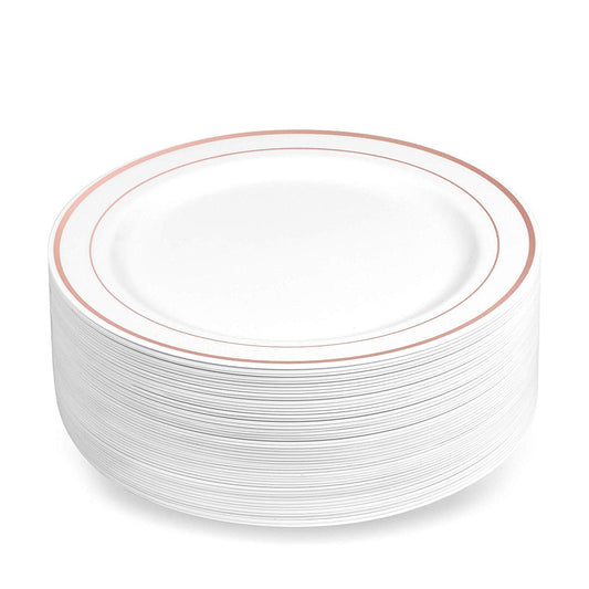 50 Plastic Disposable Dessert/Appetizer Plates | 7.5 inches White with Rose Gold Rim Real China Look | Ideal for Weddings, Parties, Catering | Heavy Duty & Non Toxic (50-Pack) by Bazaarqix