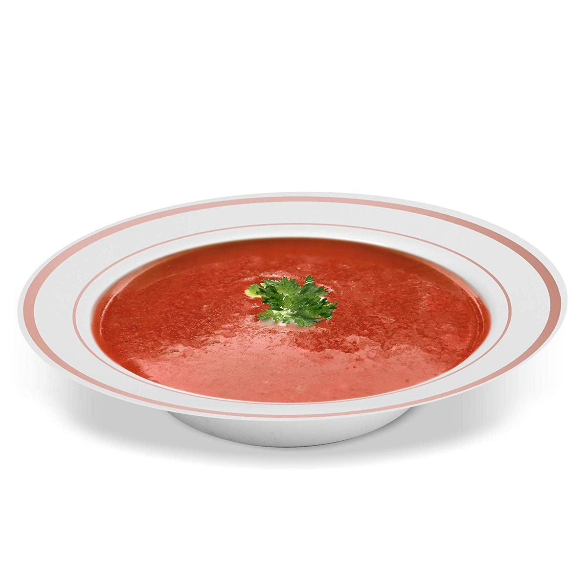 50 Disposable White with Rose Gold Trim Plastic Soup Bowls | 14 oz. Premium Heavy Duty Disposable Dinnerware with Real China Design | Safe & Reusable and Great for Parties or Weddings. (50-Pack)