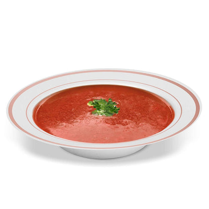 50 Disposable White with Rose Gold Trim Plastic Soup Bowls | 14 oz. Premium Heavy Duty Disposable Dinnerware with Real China Design | Safe & Reusable and Great for Parties or Weddings. (50-Pack)
