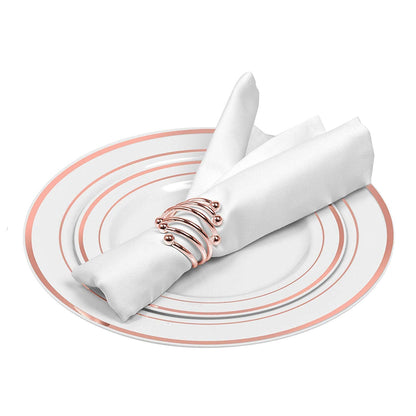 50 Disposable White Rose Gold Rimmed Heavy Duty Plastic Plates | 25 Dinner Plates and 25 Dessert or Appetizer Plates | Premium Combo Disposable Dinnerware Set | Great for Parties or Weddings.