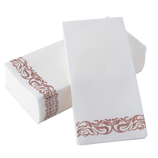 Bazaarqix Disposable Hand Towels & Decorative Bathroom Napkins | Soft and Absorbent Linen-Feel Paper Guest Towels for Kitchen, Parties, Weddings, Dinners or Events | White and Rose Gold (100-Pack)
