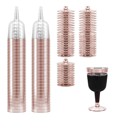 50-Pack Rose Gold Rimmed Disposable Wine Cups, 6 oz. | Clear Hard Plastic Fancy Small Dessert Cups (50-Pack) by Bazaarqix