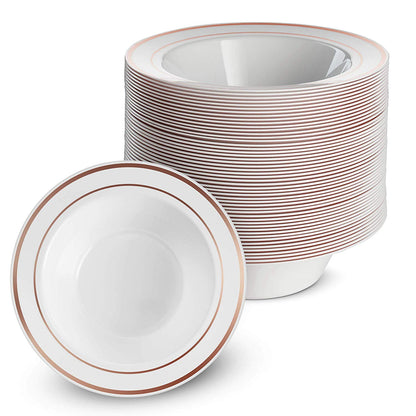 Disposable White Rose Gold Rimmed Plastic Dessert Bowls | SMALL 6 oz. Premium Heavy Duty Disposable Dinnerware with Real China Design | Safe & Reusable and Great for Parties (50-Pack) by Bazaarqix
