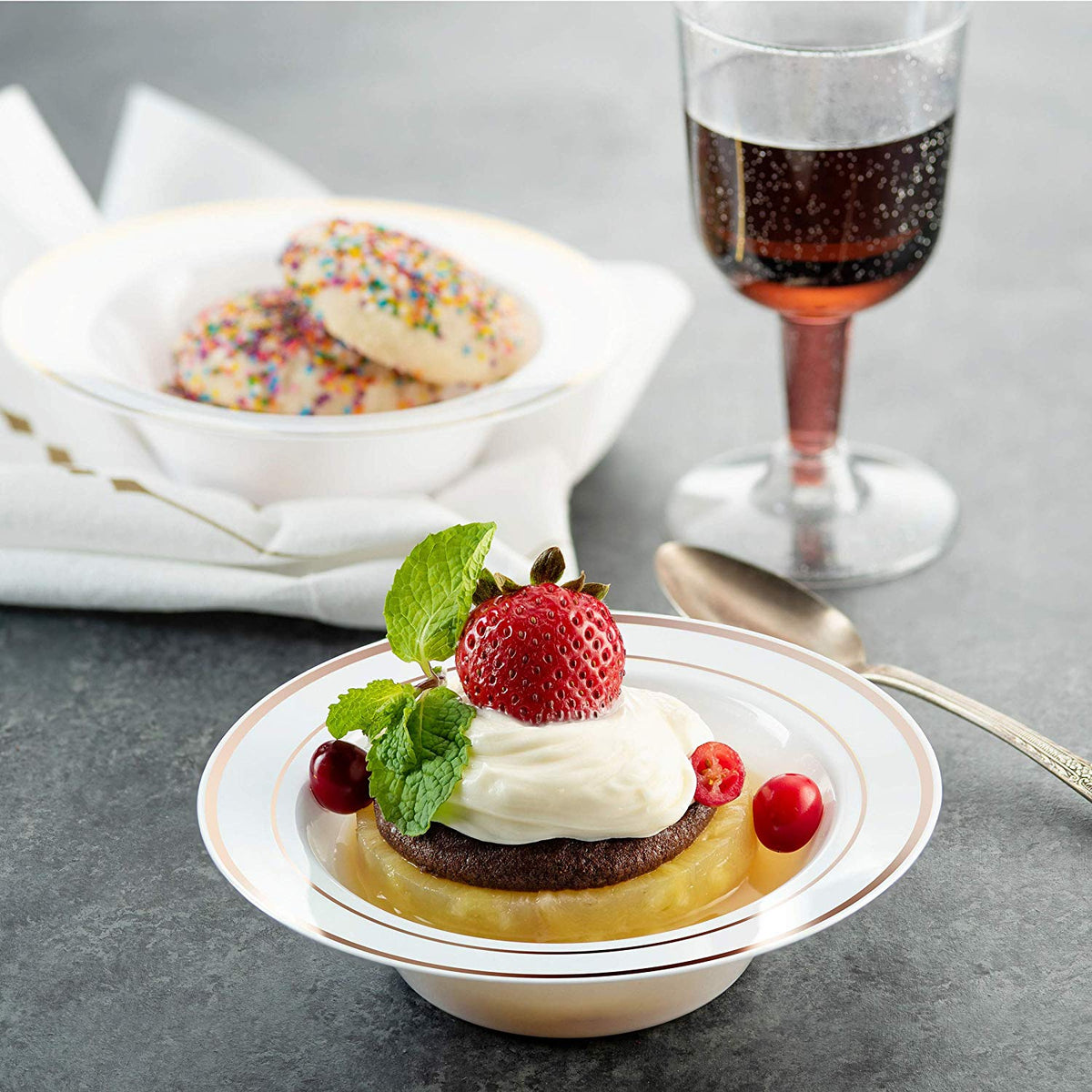 Disposable White Rose Gold Rimmed Plastic Dessert Bowls | SMALL 6 oz. Premium Heavy Duty Disposable Dinnerware with Real China Design | Safe & Reusable and Great for Parties (50-Pack) by Bazaarqix