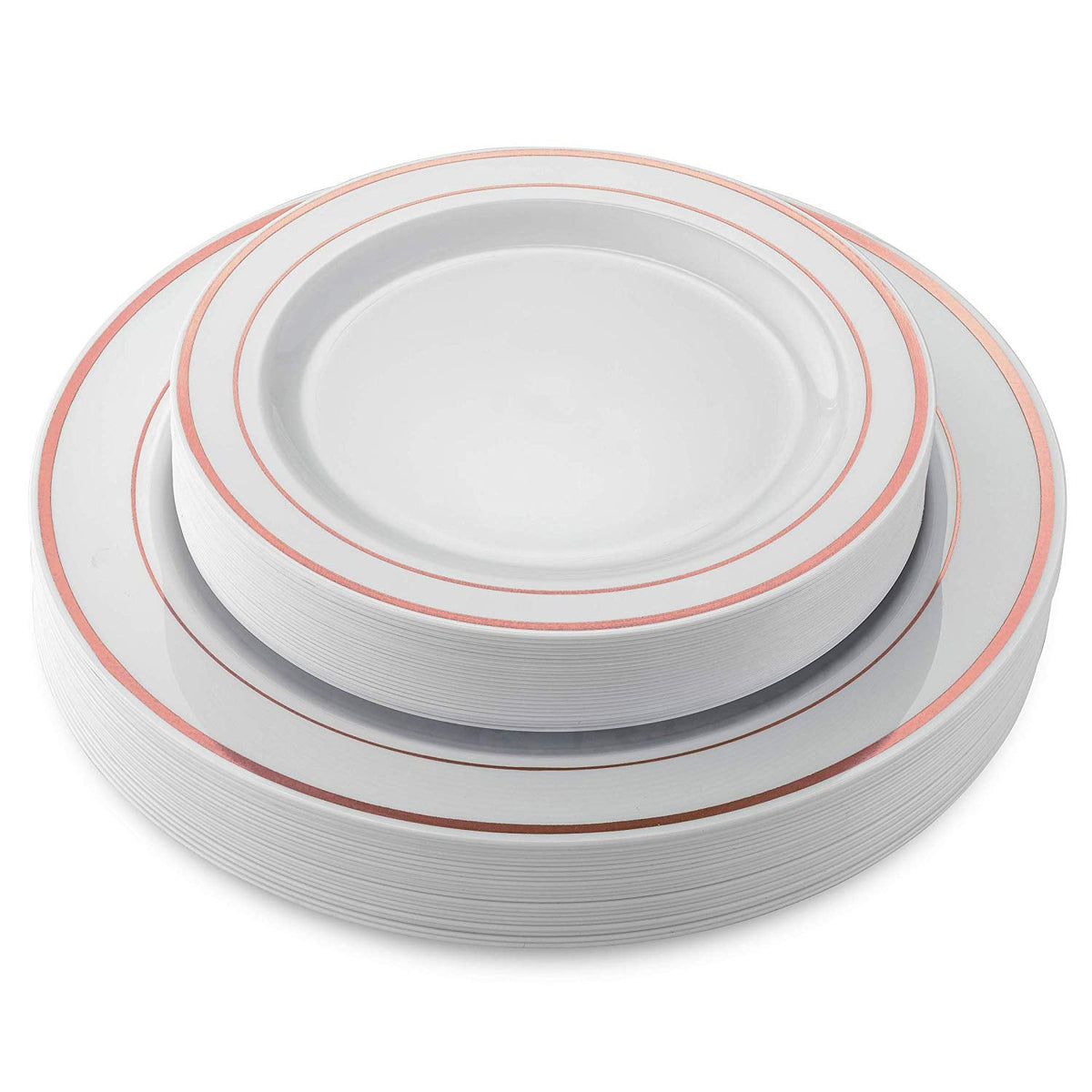50 Disposable White Rose Gold Rimmed Heavy Duty Plastic Plates | 25 Dinner Plates and 25 Dessert or Appetizer Plates | Premium Combo Disposable Dinnerware Set | Great for Parties or Weddings.