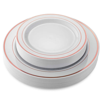 50 Disposable White Rose Gold Rimmed Heavy Duty Plastic Plates | 25 Dinner Plates and 25 Dessert or Appetizer Plates | Premium Combo Disposable Dinnerware Set | Great for Parties or Weddings.