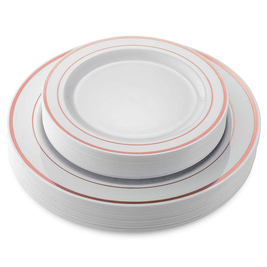 50 Disposable White Rose Gold Rimmed Heavy Duty Plastic Plates | 25 Dinner Plates and 25 Dessert or Appetizer Plates | Premium Combo Disposable Dinnerware Set | Great for Parties or Weddings.