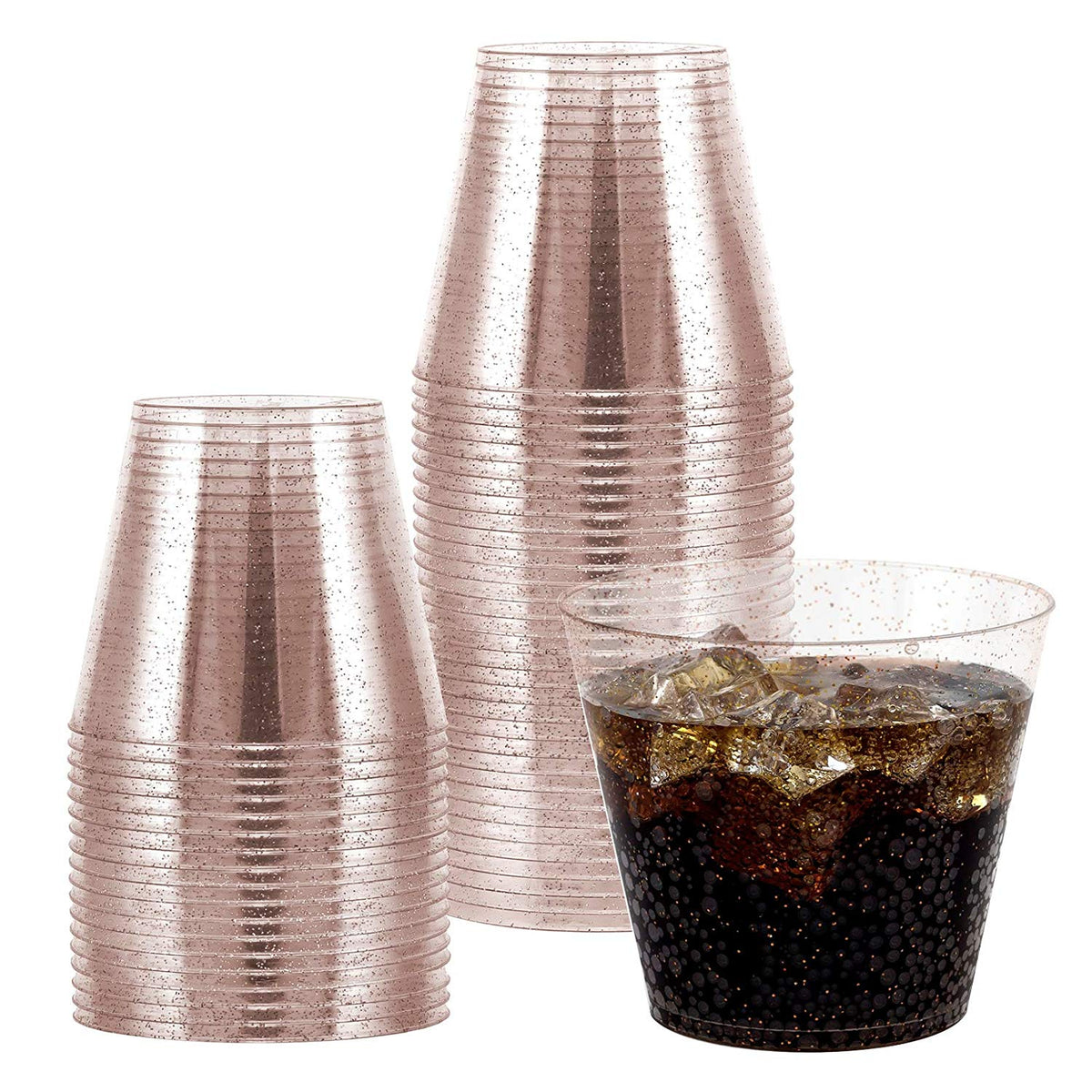 100 Rose Gold Glitter Clear Hard Plastic Cups | 9 oz. Fancy Disposable Wedding Tumblers (100-Pack) by Bazaarqix