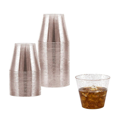 100 Rose Gold Glitter Clear Hard Plastic Cups | 9 oz. Fancy Disposable Wedding Tumblers (100-Pack) by Bazaarqix