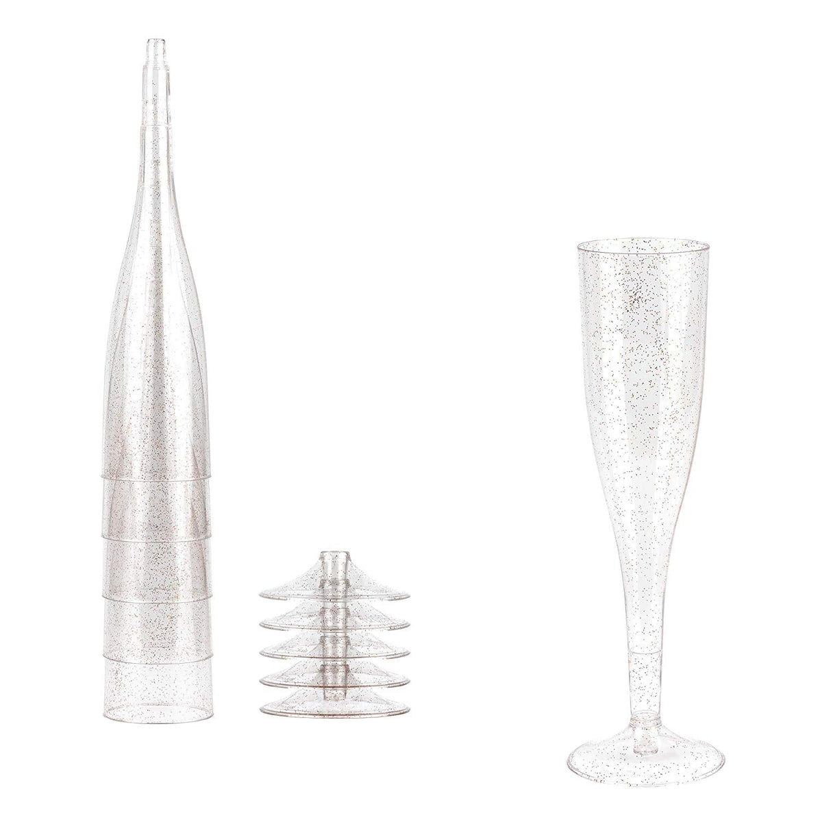 Plastic Champagne Glasses with Rose Gold Glitter, 50-Pack Disposable or Reusable Large Champagne Flutes, 7 oz