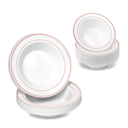 50 Disposable White Rose Gold Rimmed Heavy Duty Plastic Bowls | 25 14 oz. Soup Bowls and 25 6 oz. Dessert/Appetizer Bowls | Premium Combo Disposable Dinnerware Set | Great for Parties