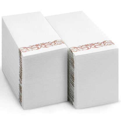 Bazaarqix Disposable Hand Towels & Decorative Bathroom Napkins | Soft and Absorbent Linen-Feel Paper Guest Towels for Kitchen, Parties, Weddings, Dinners or Events | White and Rose Gold (100-Pack)