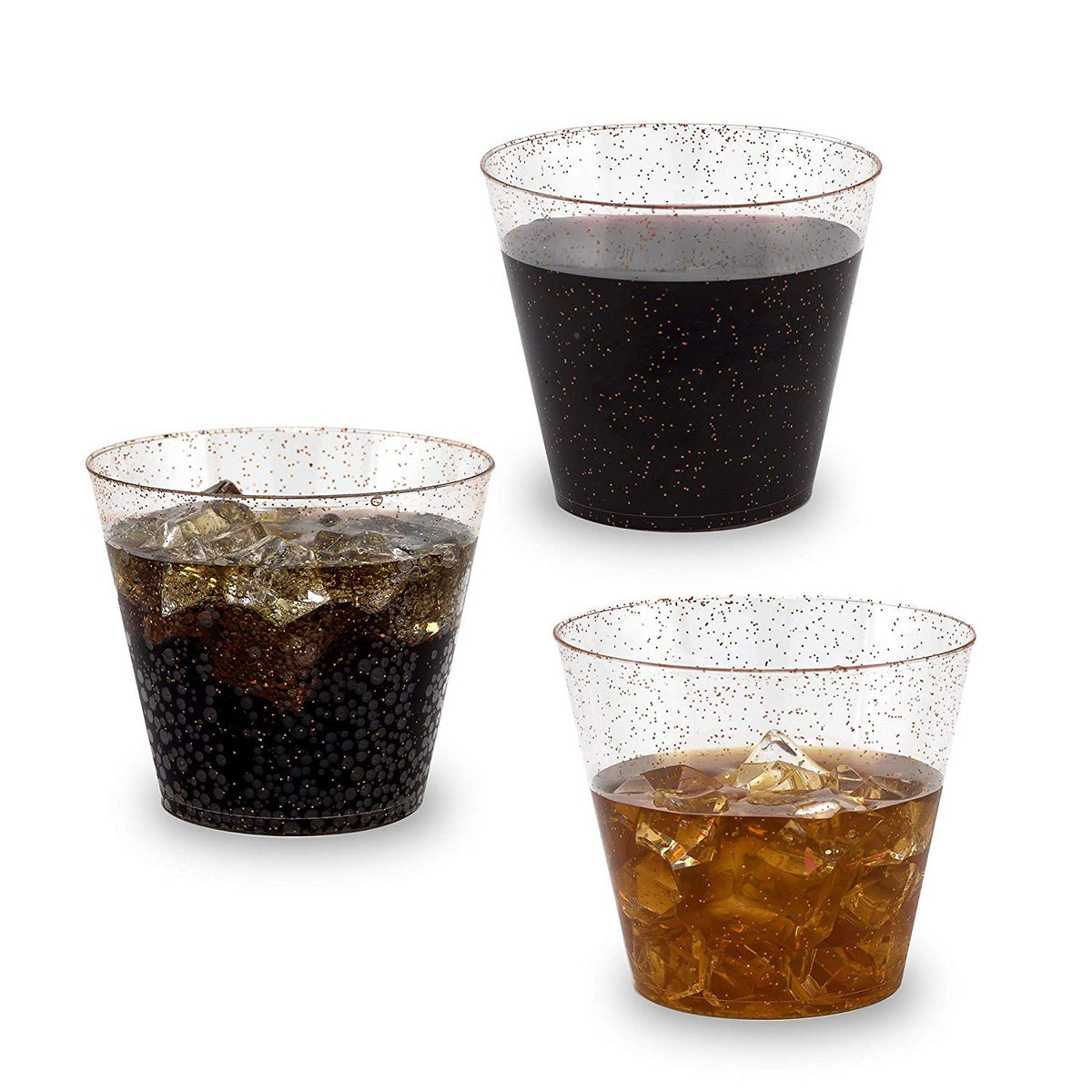 100 Rose Gold Glitter Clear Hard Plastic Cups | 9 oz. Fancy Disposable Wedding Tumblers (100-Pack) by Bazaarqix