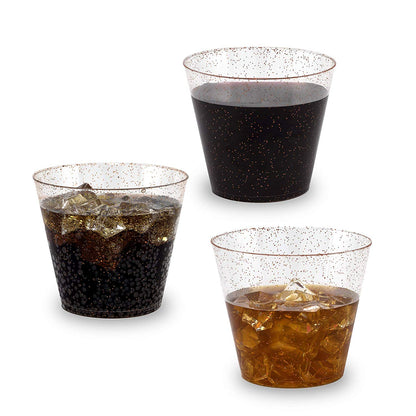 100 Rose Gold Glitter Clear Hard Plastic Cups | 9 oz. Fancy Disposable Wedding Tumblers (100-Pack) by Bazaarqix