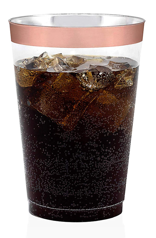 50 Rose Gold Rimmed Clear Hard Plastic Cups | 16 oz. Fancy Disposable Wedding Tumblers for Party & Wedding (50-Pack)
