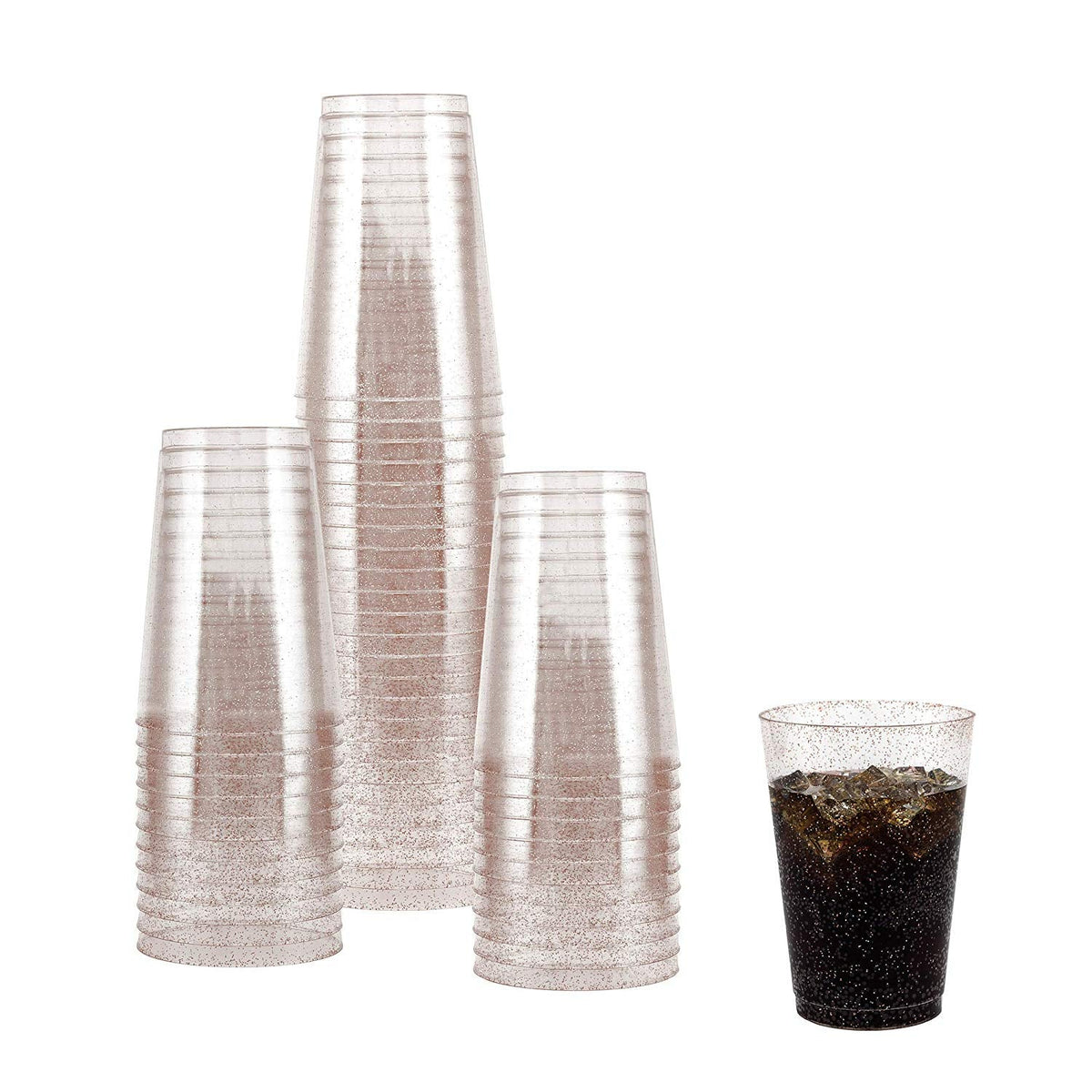 50 Rose Gold Glitter Clear Hard Plastic Cups | 10 oz. Fancy Disposable Wedding Tumblers for Party & Wedding (50-Pack) by Bazaarqix