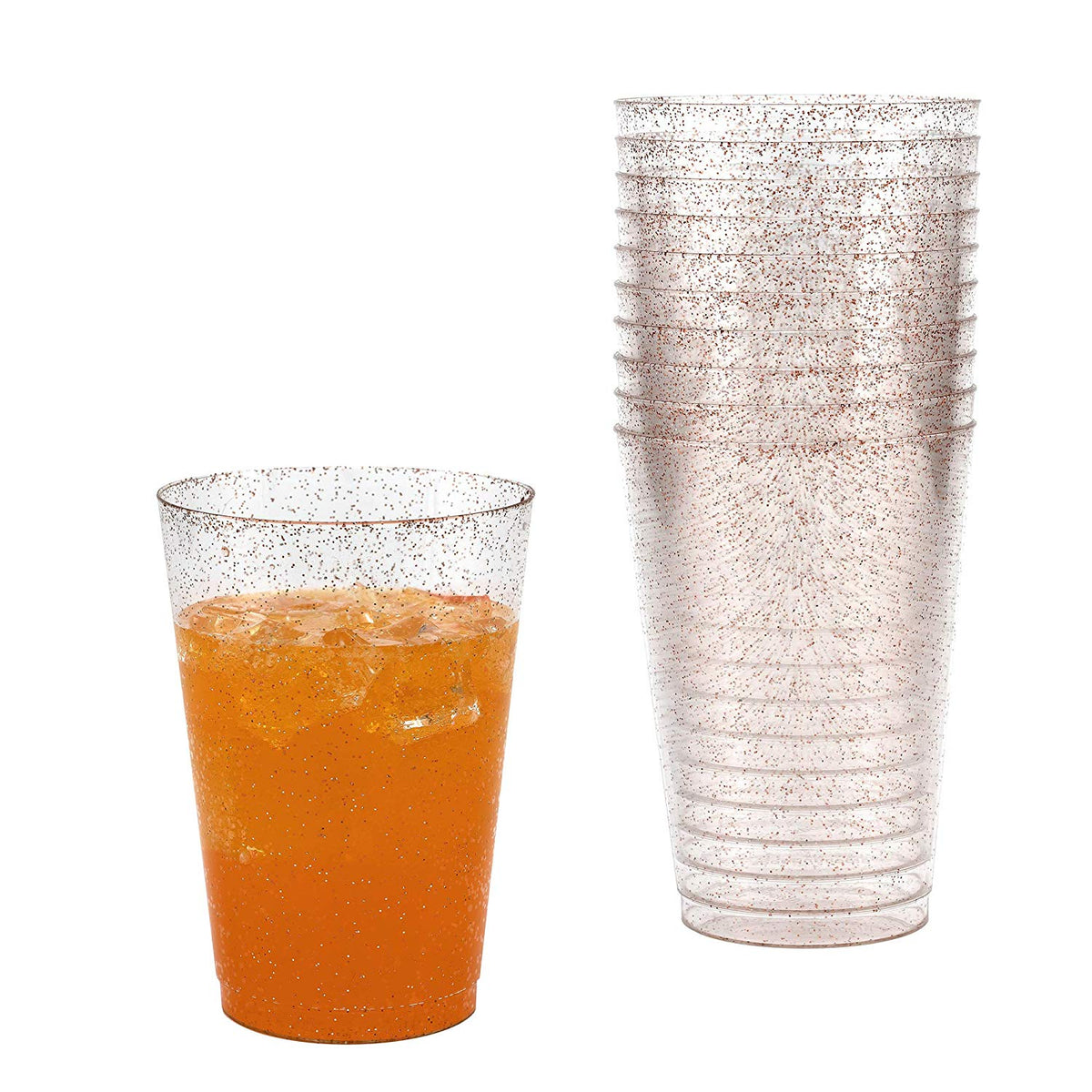 50 Rose Gold Glitter Clear Hard Plastic Cups | 10 oz. Fancy Disposable Wedding Tumblers for Party & Wedding (50-Pack) by Bazaarqix