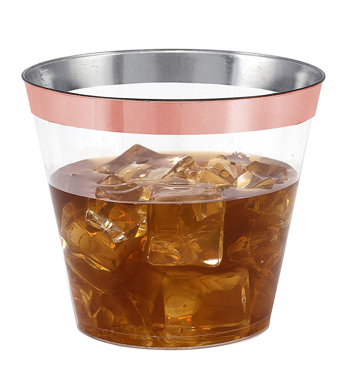100 Rose Gold Rimmed Clear Hard Plastic Cups | 9 oz. Fancy Disposable Tumblers (100-Pack) by Bazaarqix