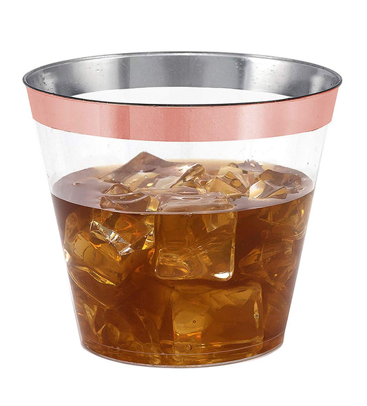 100 Rose Gold Rimmed Clear Hard Plastic Cups | 9 oz. Fancy Disposable Tumblers (100-Pack) by Bazaarqix