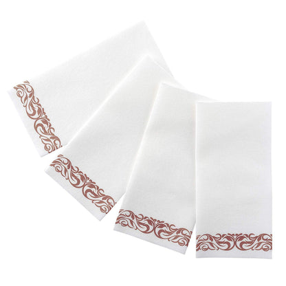 Bazaarqix Disposable Hand Towels & Decorative Bathroom Napkins | Soft and Absorbent Linen-Feel Paper Guest Towels for Kitchen, Parties, Weddings, Dinners or Events | White and Rose Gold (100-Pack)