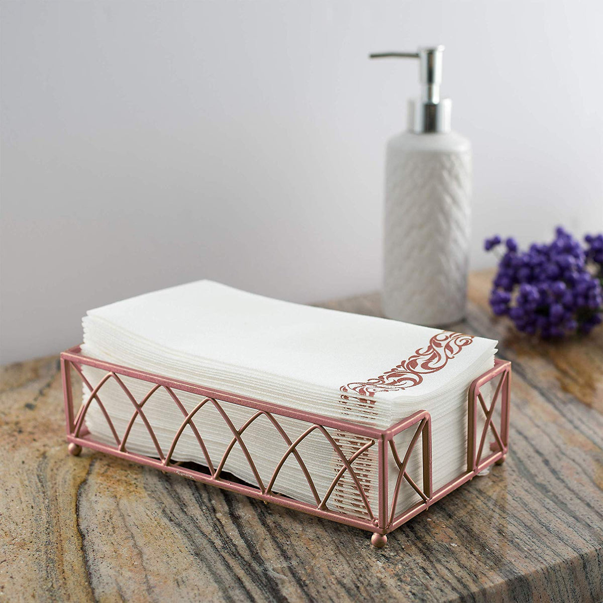 Bazaarqix Disposable Hand Towels & Decorative Bathroom Napkins | Soft and Absorbent Linen-Feel Paper Guest Towels for Kitchen, Parties, Weddings, Dinners or Events | White and Rose Gold (100-Pack)