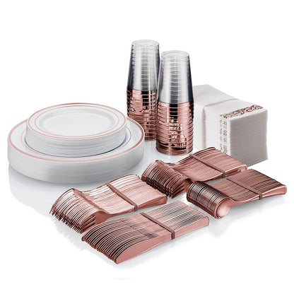 25 Guest Disposable Rose Gold Dinnerware Set | Heavy Duty Plastic Plates, Cups, Silverware & Napkins. 50 Forks, 25 Spoons, 25 Knives, 25 Dinner Plates, 25 Dessert Plates, 25 Cups & 50 Guest Towels