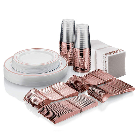 25 Guest Disposable Rose Gold Dinnerware Set | Heavy Duty Plastic Plates, Cups, Silverware & Napkins. 50 Forks, 25 Spoons, 25 Knives, 25 Dinner Plates, 25 Dessert Plates, 25 Cups & 50 Guest Towels