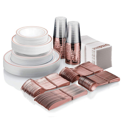 25 Guest Disposable Rose Gold Dinnerware Set | Heavy Duty Plastic Plates, Cups & Silverware | 50 Forks, 25 Spoons, 25 Dessert Spoons, 25 Knives, 25 Dinner Plates, 25 Dessert Plates, 25 Soup Bowls