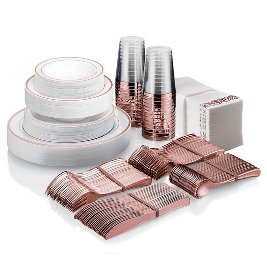25 Guest Disposable Rose Gold Dinnerware Set | Heavy Duty Plastic Plates, Cups & Silverware | 50 Forks, 25 Spoons, 25 Dessert Spoons, 25 Knives, 25 Dinner Plates, 25 Dessert Plates, 25 Soup Bowls