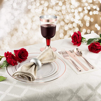 25 Guest Disposable Rose Gold Dinnerware Set | Heavy Duty Plastic Plates, Cups & Silverware. 50 Forks, 25 Spoons, 25 Knives, 25 Dinner Plates, 25 Dessert Plates & 25 Rose Gold Rimmed Tumblers (175 pc)