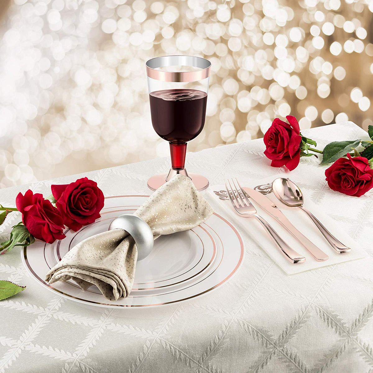 25 Guest Disposable Rose Gold Dinnerware Set | Heavy Duty Plastic Plates, Cups & Silverware | 50 Forks, 25 Spoons, 25 Dessert Spoons, 25 Knives, 25 Dinner Plates, 25 Dessert Plates, 25 Soup Bowls