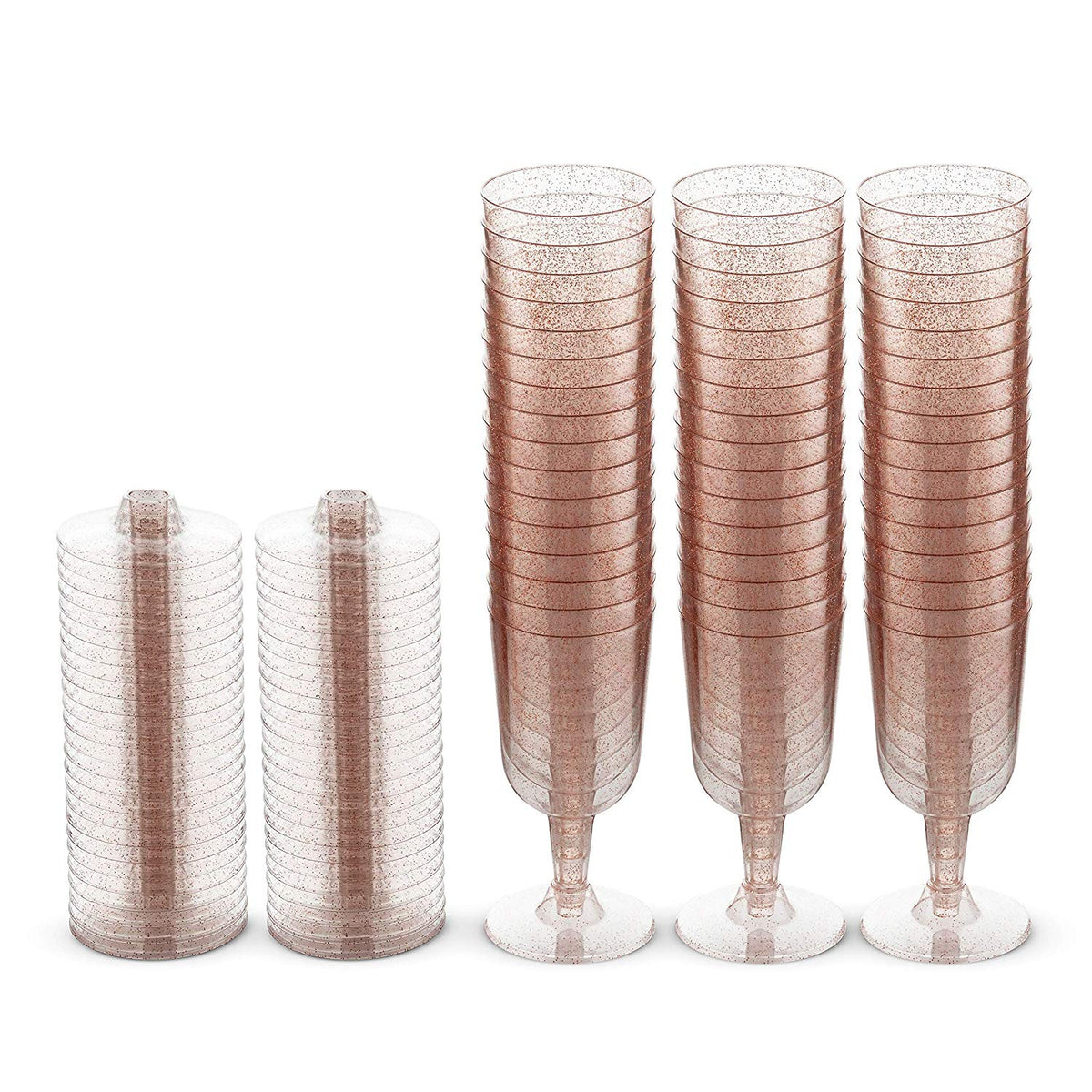 50 Rose Gold Glitter Disposable Wine Glasses | 7 oz. Clear Hard Plastic Fancy Cups for Parties & Weddings (50-Pack) by Bazaarqix