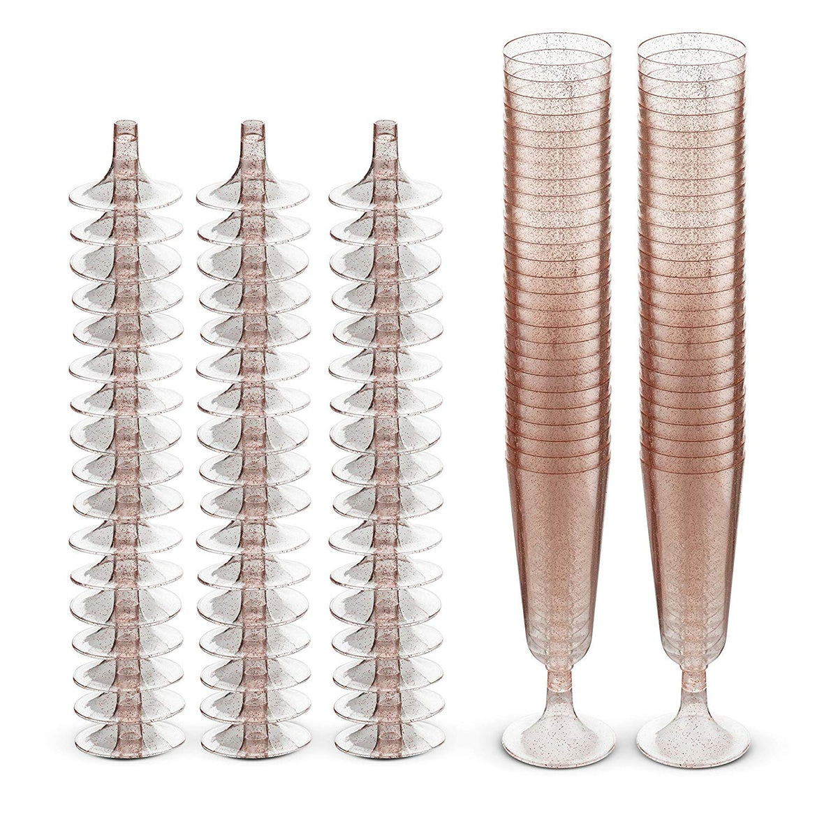 50 Plastic Rose Gold Glittered Champagne Flutes | 5.5 oz. Clear Hard Disposable Party & Wedding Cups | Premium Heavy Duty Fancy Toasting Glasses (50-Pack) Rose Gold Glitter by Bazaarqix